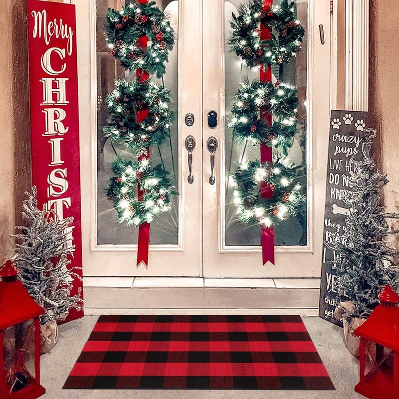 Fallovea Christmas Rugs Red and Black Plaid, 3'x5' Area Rug Outdoor Indoor Front Porch Doormat Cotton Hand-Woven Layered Door Mats for Entryway Patio Entryway Laundry Bedroom Living Room - Image 1